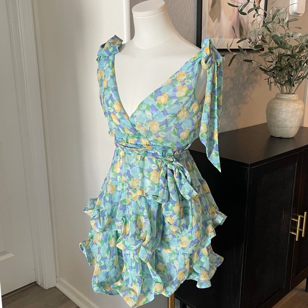Lilly's Kloset Floral Ruffle Mini Dress Women S Blue Yellow Excellent Tiered Tie